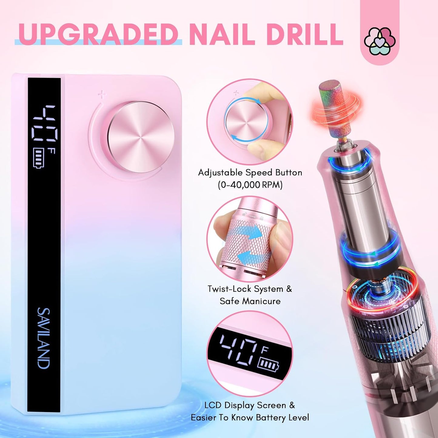 SAVILAND Professional Nail Drill - 40000 RPM Electric E-File for Acrylic Nails | Compact & Cordless Design