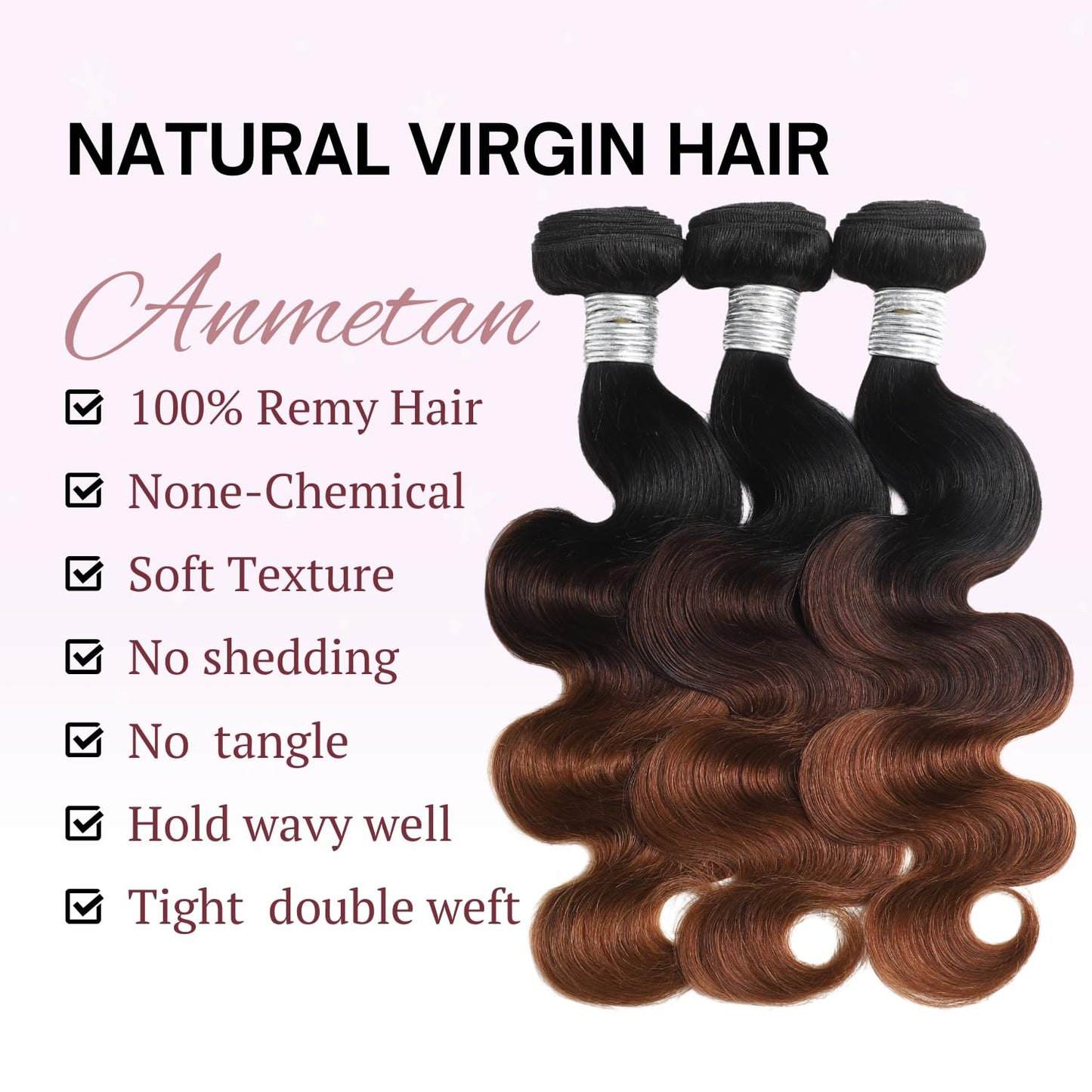 ANMETAN Dark Brown Ombre Body Wave Bundles Human Hair, Thick 12A Chestnut Brown T1B/2/30 3 Tone Ombre Color Human Hair Single Bundle with Dark Root 100% Remy Hair Bundle Keep Soft after Washes 16 Inch