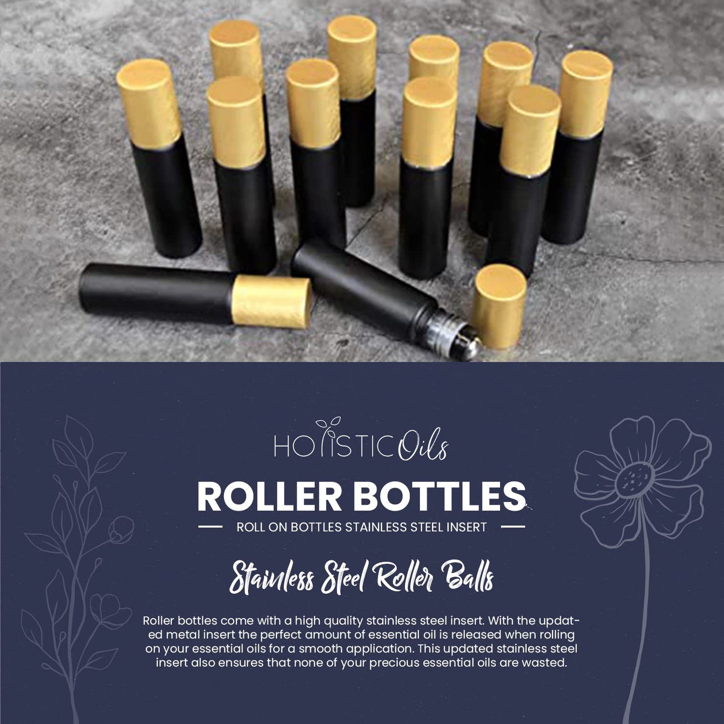 Essential Oil Roller Bottles, Black 10ml Leakproof Rollers – Thick Black Glass with Brush Gold Lid, Updated Stainless Steel Roller Ball Insert for Oils, Aromatherapy – 12 Pack