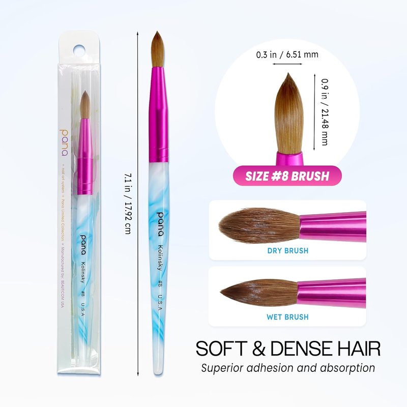Acrylic Nail Brush - Pure Kolinsky Hair with Blue Swirl Handle | Size 8, Round Shape