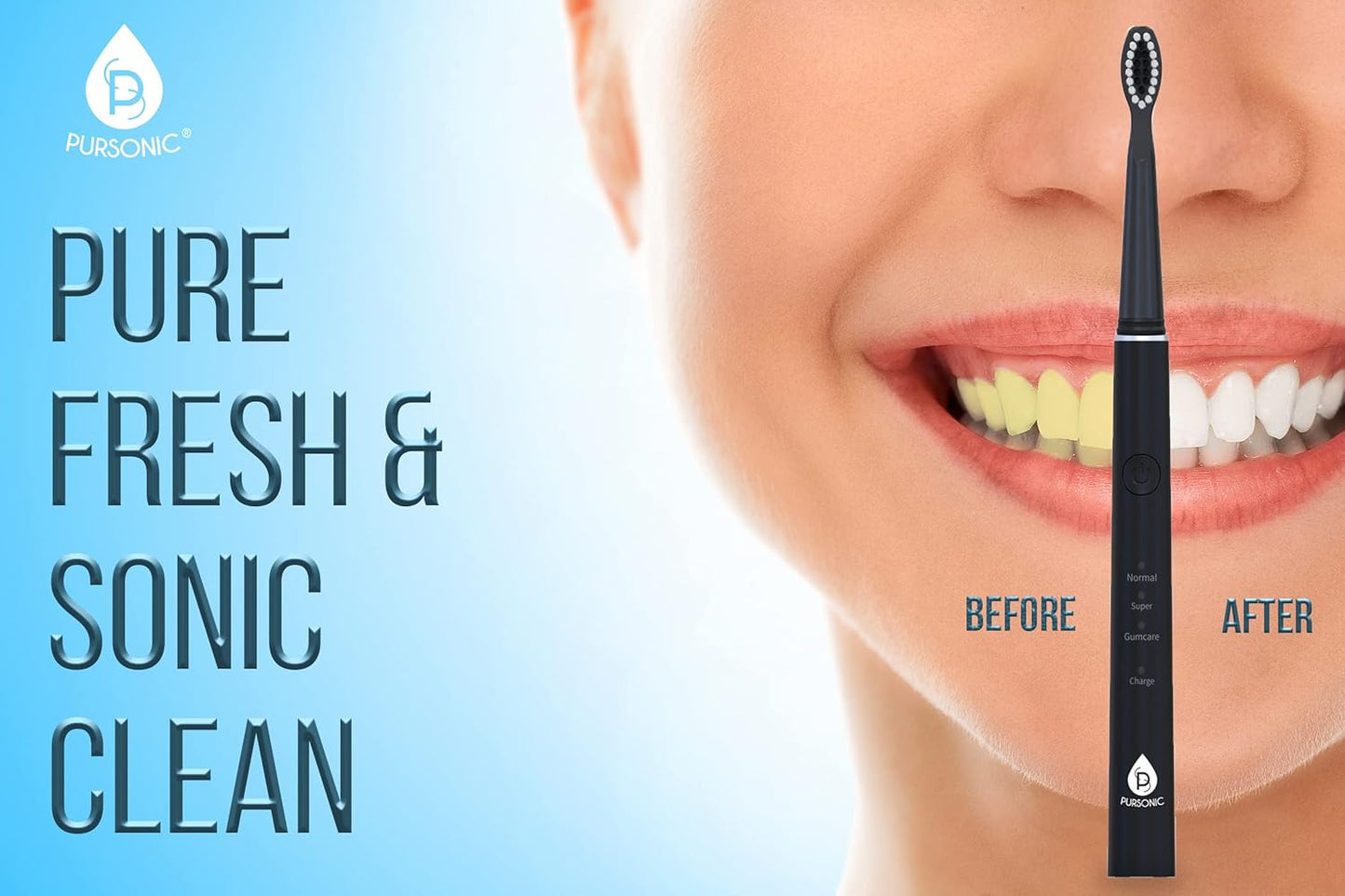 Pursonic Sonic Toothbrush - USB Rechargeable with 12 Brush Heads & 38,000 Strokes/Min | 3 Modes & Timer (Black)