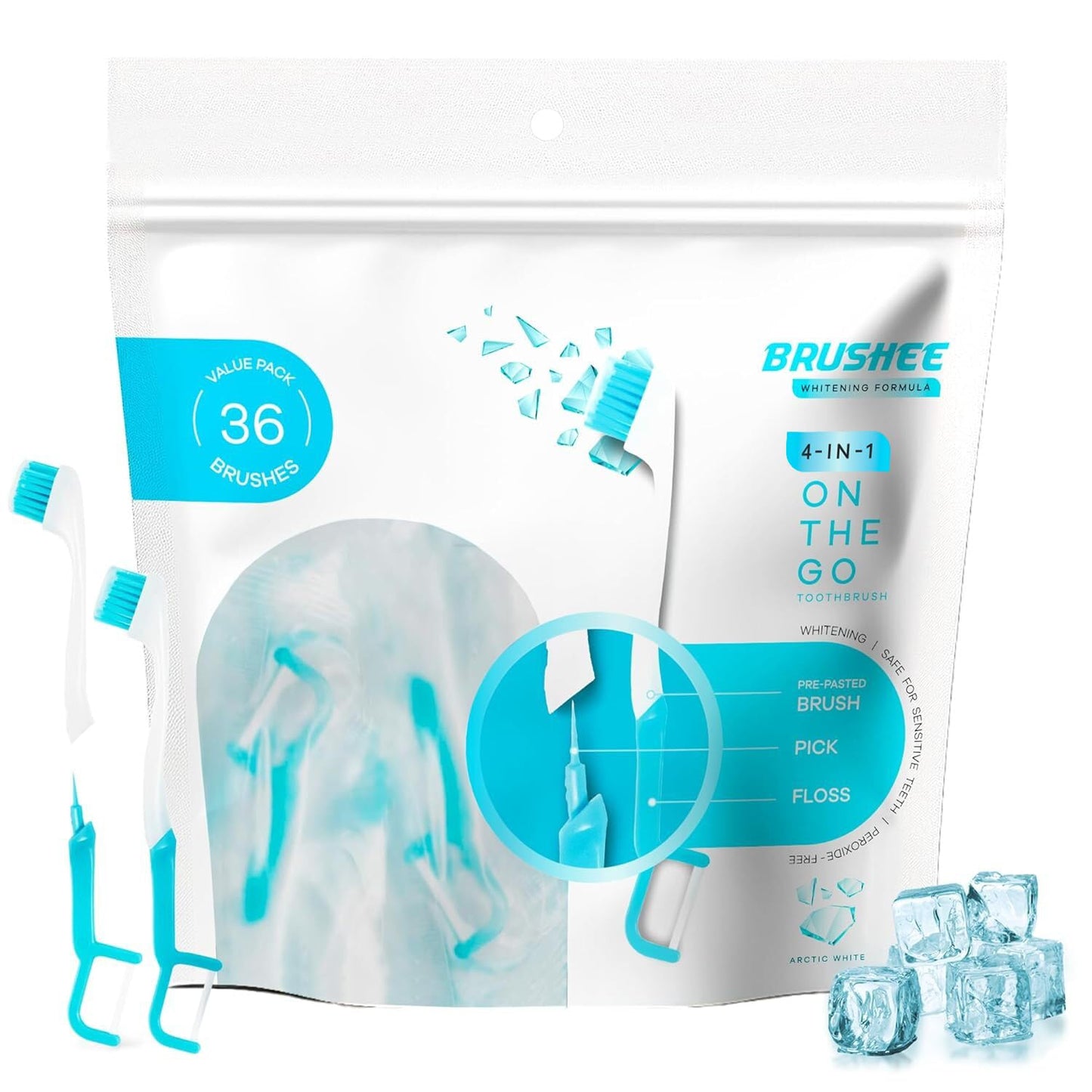 Brushee The Evolution Oral Care Whitening | Prepasted On-The-Go Whitening Toothbrushes | 4-in-1 (Paste + Brush + Floss + Pick) | Individually Wrapped | Disposable | Travel Toothbrushes (36-Pack)