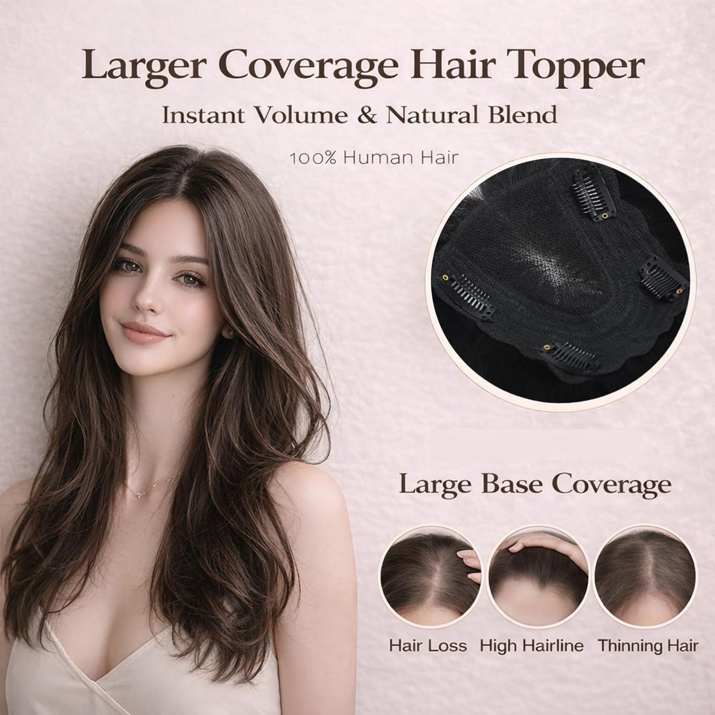 RMYHIG Hair Toppers for Women Real Human Hair, 360° 3D Human Hair Toppers for Women with Thinning Hair Upgrade Middle Part Clip in Bangs (Dark Brown(Big Coverage), 12 Inch-3D-Wispy)