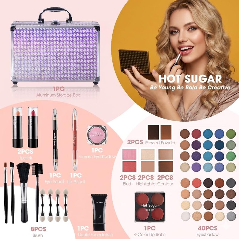 Makeup Kit for Girls 14-16 - Complete Cosmetics Set with Aluminum Case | Full Face Beauty Essentials in Purple Houndstooth