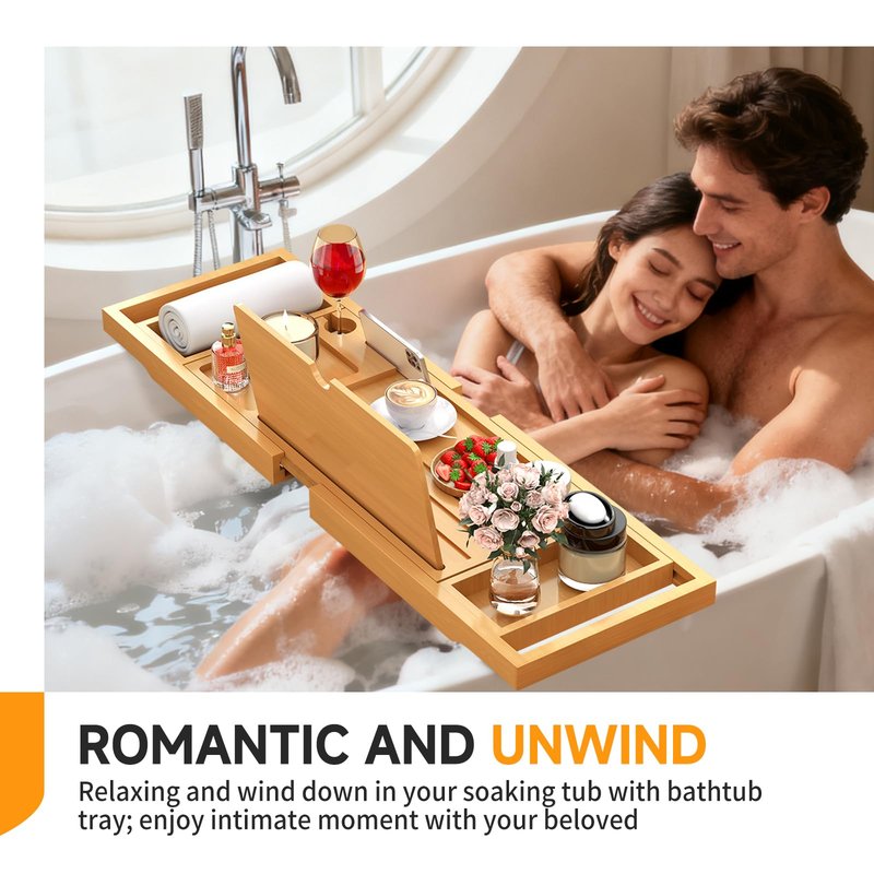 Premium Bamboo Bathtub Caddy Tray with Extending Sides, Adjustable Wood Bath Tray for Luxury Bath, Fits Most Tubs, Accessories Gift Idea