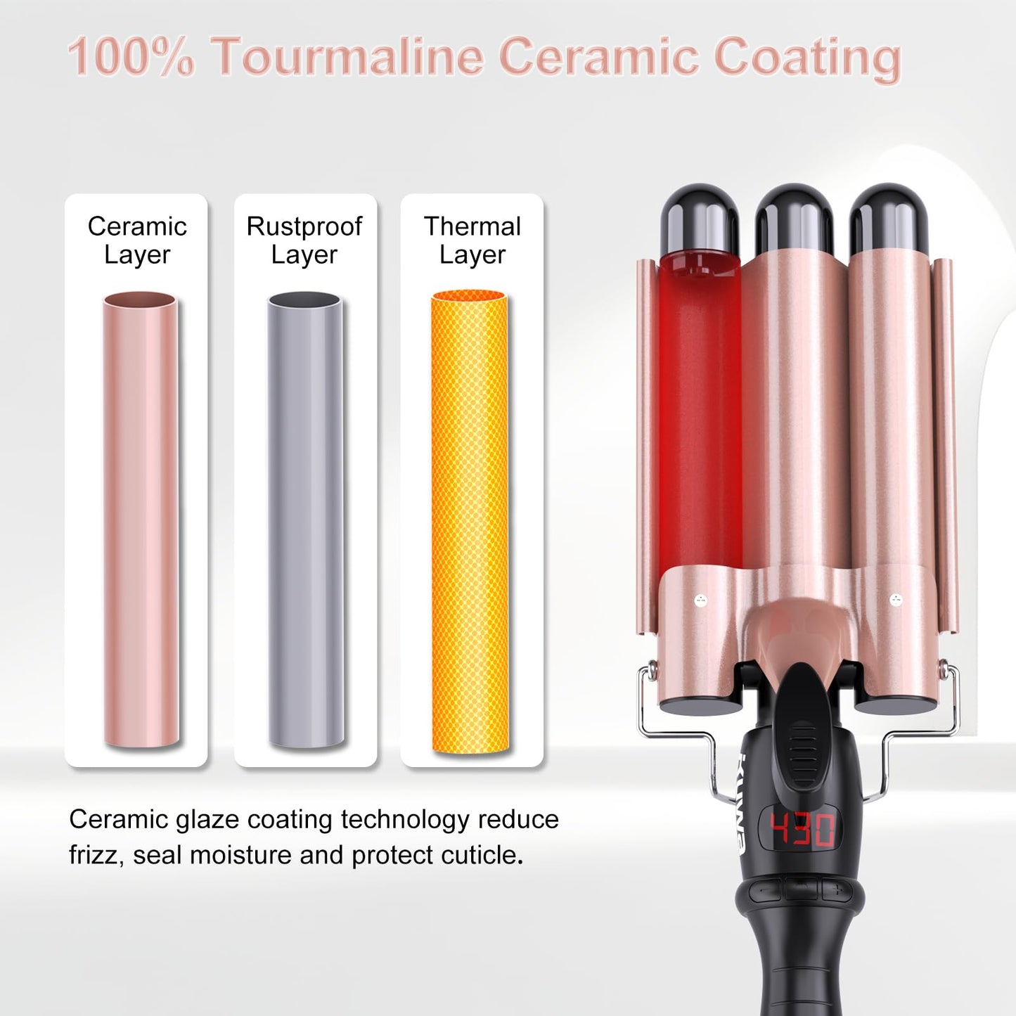 kuwa Crimper Hair Tool,3 Barrel Curling Iron,hairCrimper for Women,Hair Waver with LCD Temperature Display,Long-Lasting Natural Tight Waves