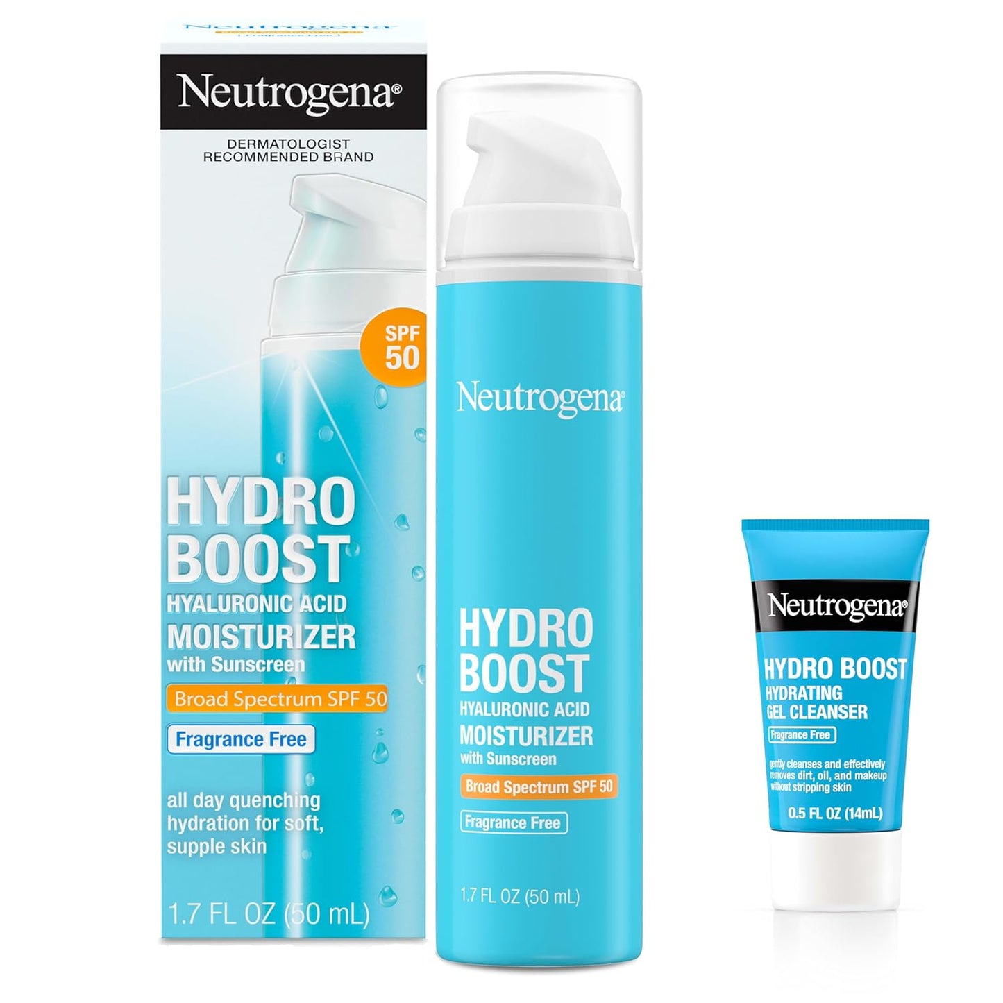 Neutrogena Hydro Boost Hydrating Face Moisturizer - SPF 50, Fragrance-Free, 1.7 fl. oz | Includes Trial Size Cleanser 0.5 fl. oz