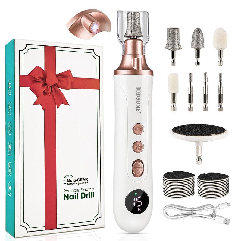JODSONE Professional Manicure Pedicure Set with 8 Replacement Bits LED 15 Speed Display Multifunctional Rechargeable Cordless Nail Toenail Drill Rose Gold