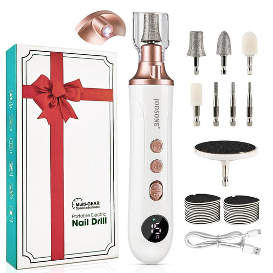 JODSONE Professional Manicure Pedicure Set with 8 Replacement Bits LED 15 Speed Display Multifunctional Rechargeable Cordless Nail Toenail Drill Rose Gold