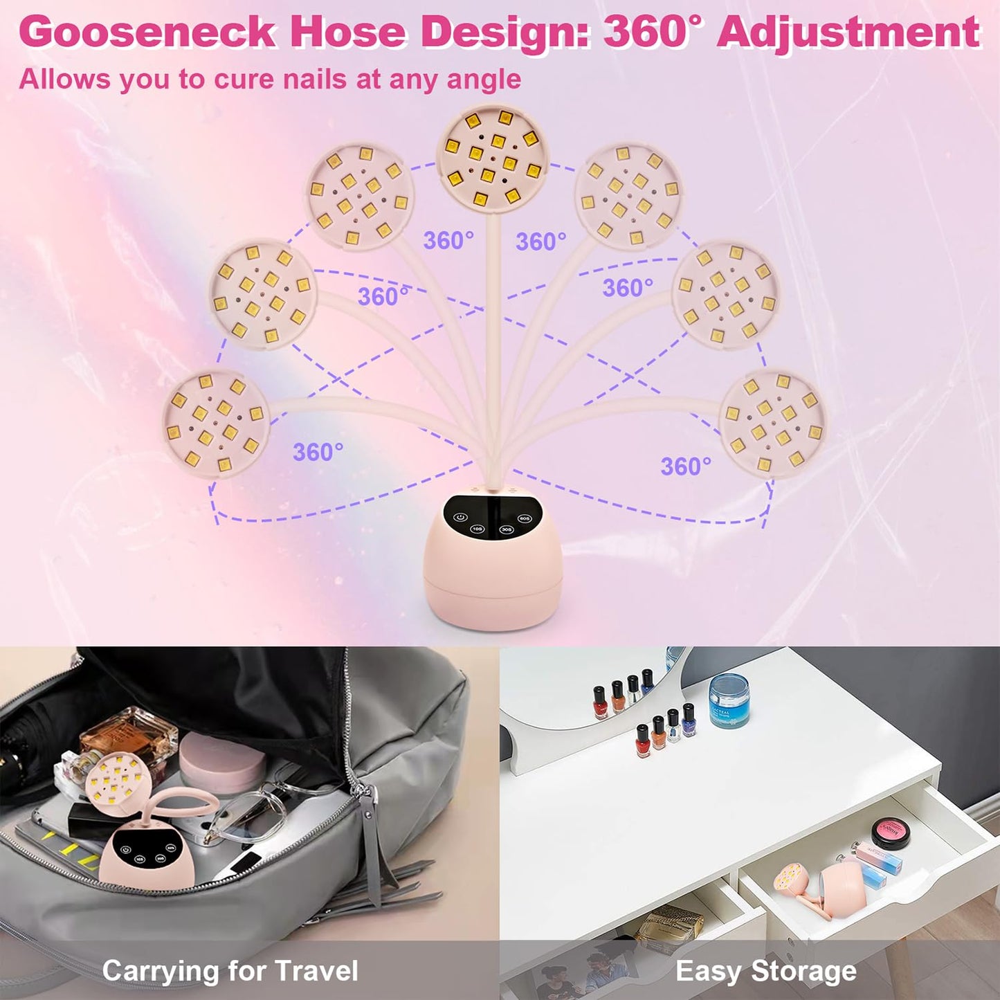 CGBE UV LED Nail Lamp, 36W Mini Cordless Flash Cure Lamp, USB Rechargeable Goosenecks LED Nail Light with 4 Timers & Auto Sensor for Salon Home DIY Use, White Diamond