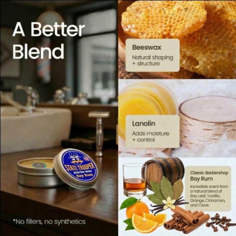 State Trooper Bay Rum - Medium Hold Mustache Wax with Beeswax, Coconut Oil & Lanolin – Natural Moustache Grooming & Styling - Nourishing Moustache Conditioner & Sculpting - 2 Ounce Tin