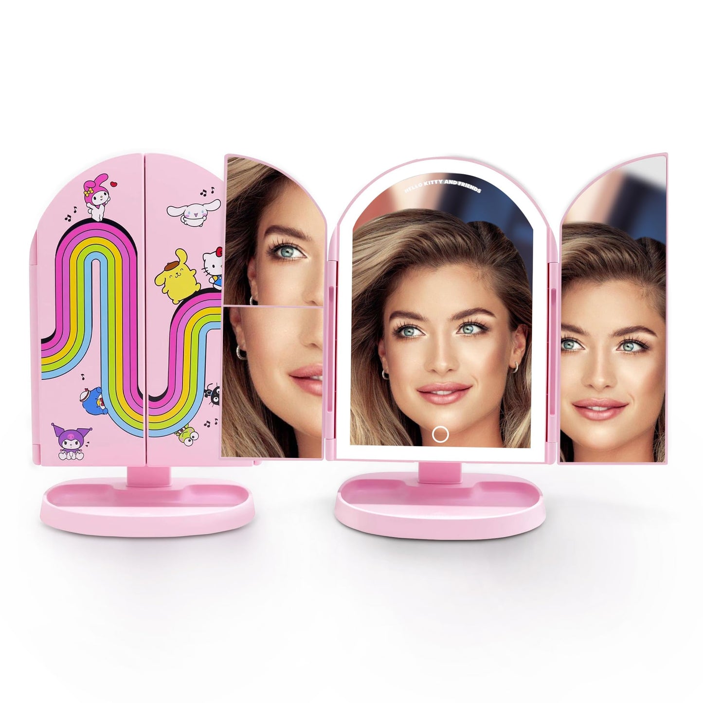 Impressions Vanity Hello Kitty and Friends Core Arch Trifold LED Makeup Mirror for Desk, 3 Way View Foldable Vanity Mirror with Lights, 2X and 3X Magnification, Adjustable Tilt and Soft Touch
