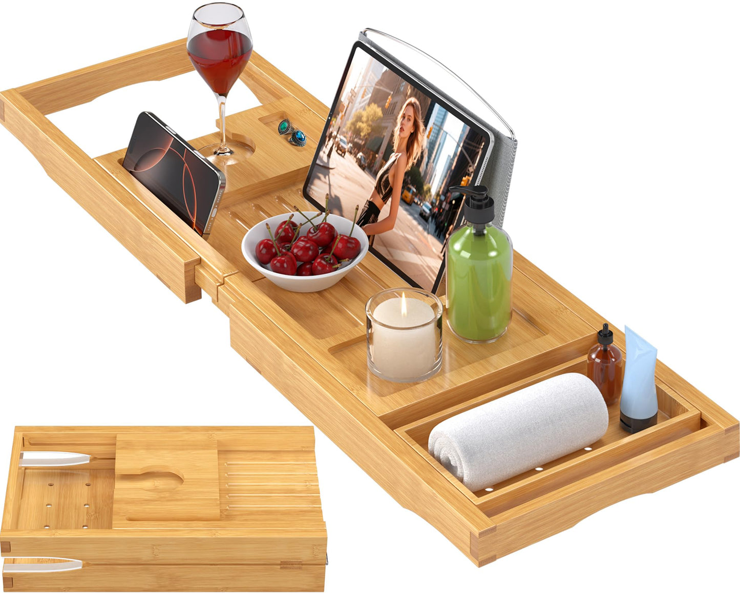 Bamboo Bathtub Tray Caddy, Foldable Bath Tray for Tub