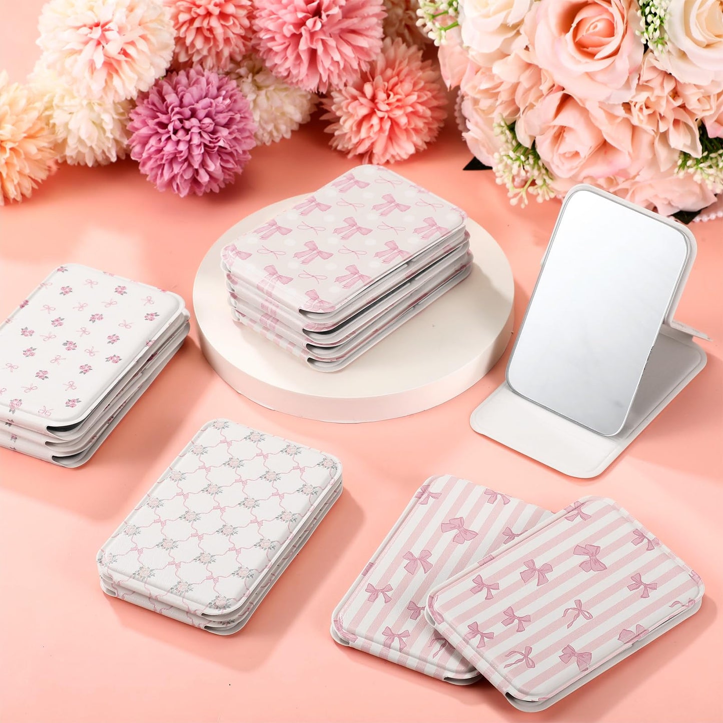 Geelin 12 Pcs Compact Mirror Bulk Mini Pocket Mirrors for Women Travel Folding Mirror Portable Hand Mirrors for Graduation Party Gift Camping Office Home(Pink Bow)