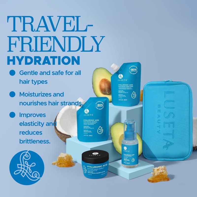 Luseta Hyaluronic Acid Jet-Set Hair Moisturizing Kit, Travel Size Shampoo and Conditioner Set for Hair Moisturizing with Hair Mask and Heat Serum for Women and Men, Hair Care Kit for Dry Hair