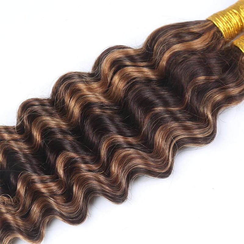 Human Braiding Hair Deep Wave Bulk - Highlight No Weft Curly Extensions | 16 Inch, 150g (3 Bundles)