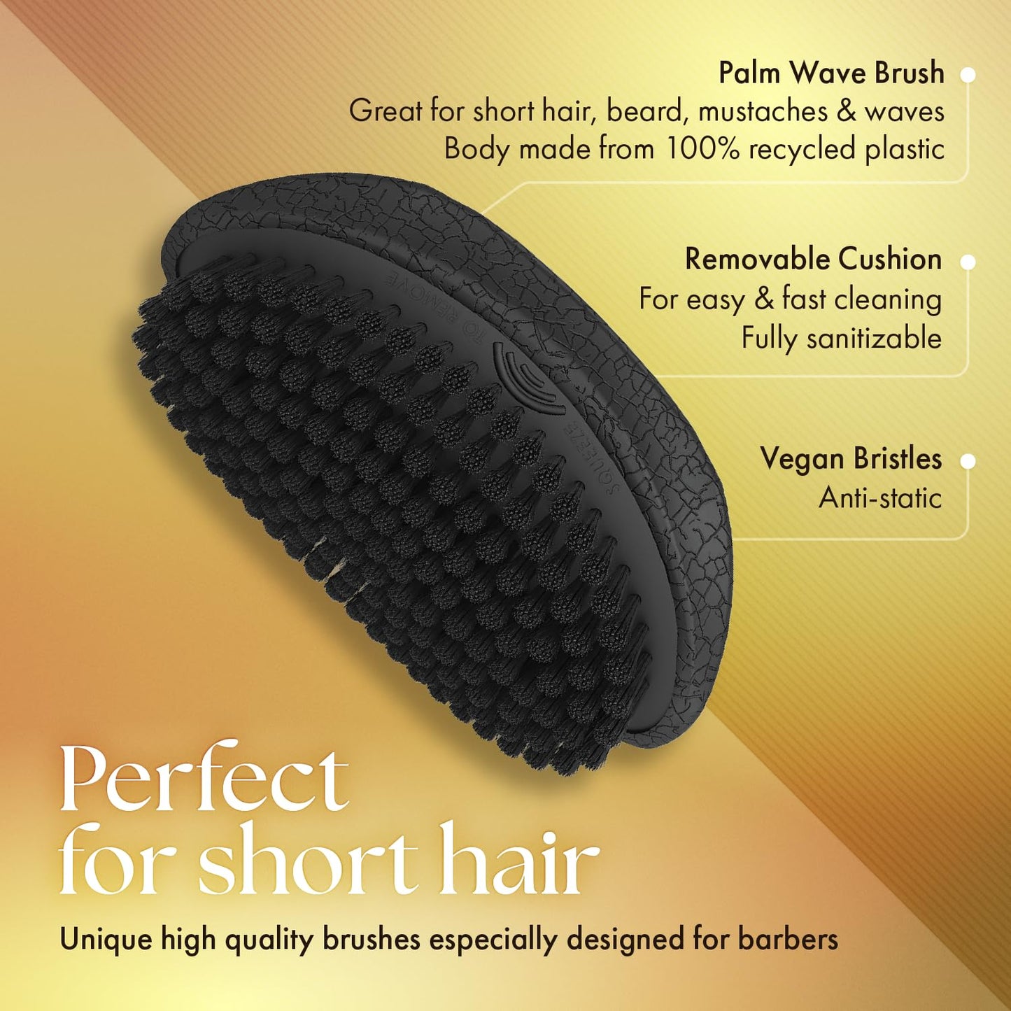 Olivia Garden Barber Palm Wave Brush, Black Cushion with Vegan Boar Bristles, Recycled ABS in Black Crackle Soft-Touch Finish