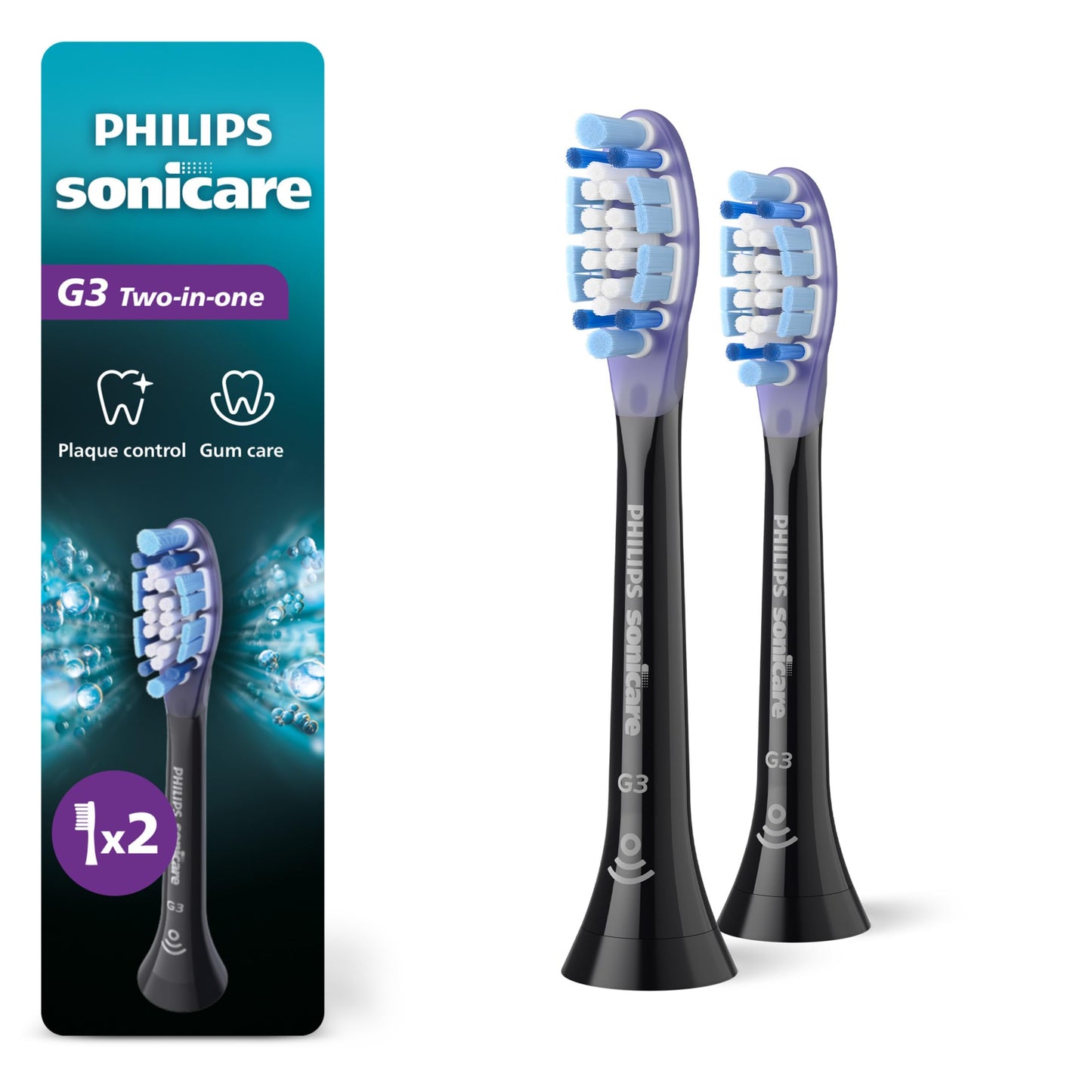 Philips Sonicare G3 Two-in-One - Genuine Replacement Electric Toothbrush Heads for Plaque Control and Gum Care, 2 Brush Head Pack Up to 6 Month Supply, Black, HX9052/95