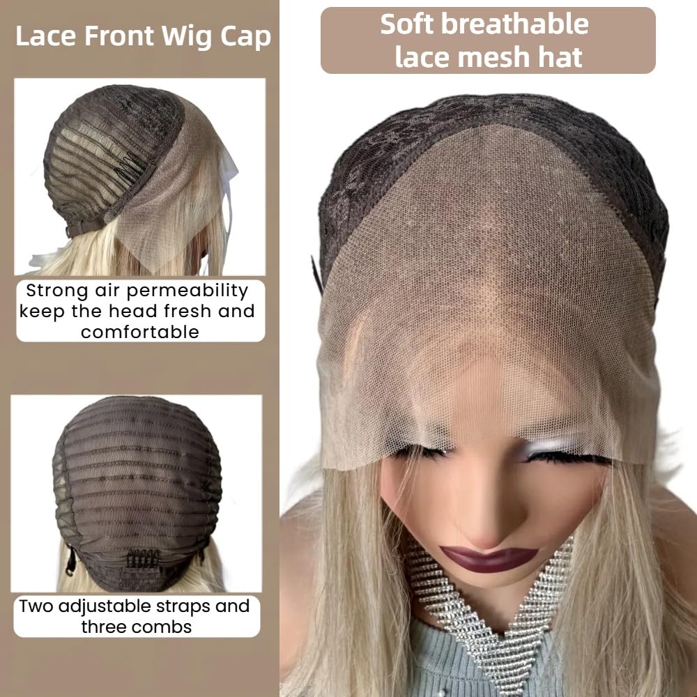 Ombre Ash Blonde Lace Front Wig - Pre-Plucked Baby Hair, White Grey Balayage Highlights | Straight Bob Synthetic Wig for Women