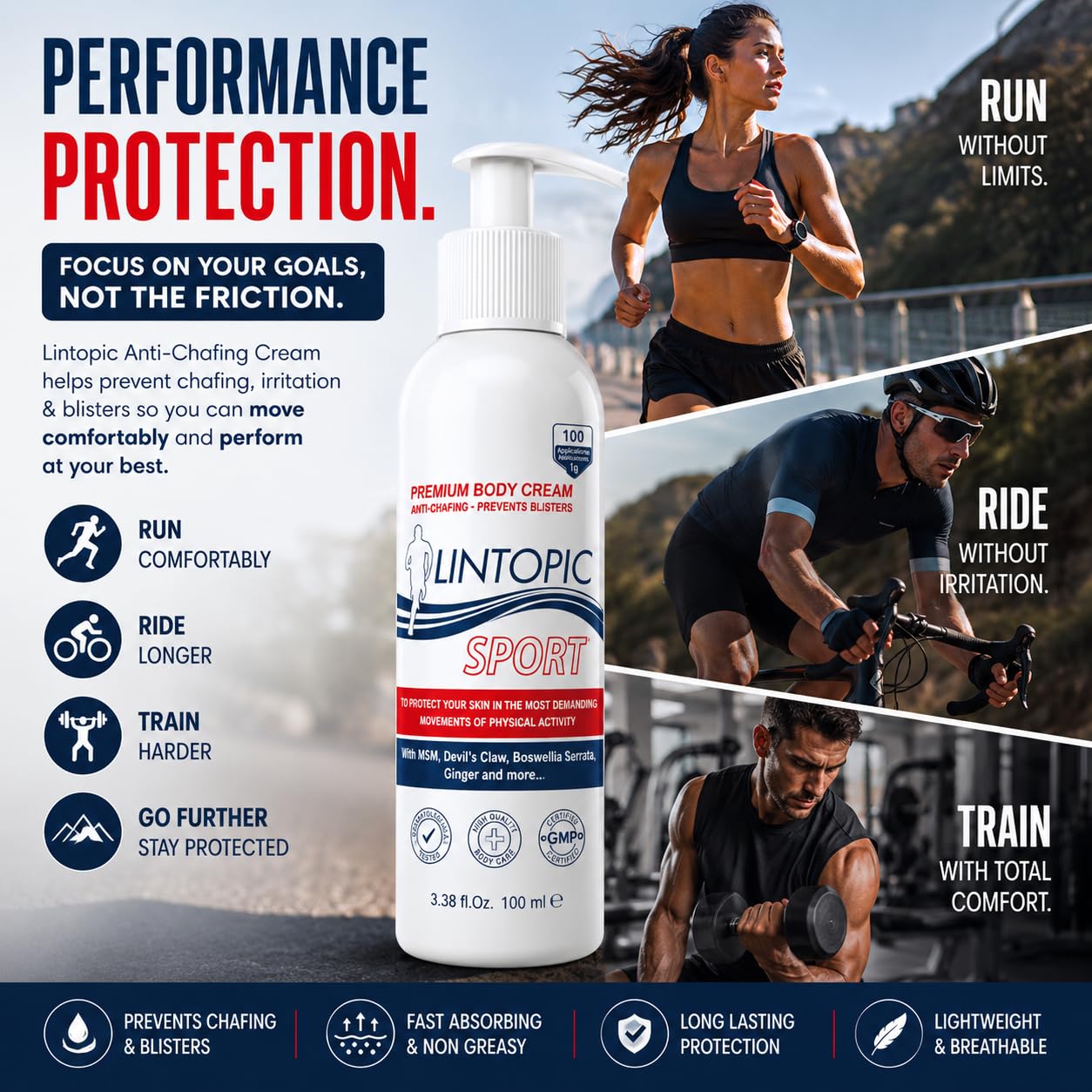 LINTOPIC Anti Chafing Cream for Women & Men (2 Pack) – Prevents Thigh Chafing, Friction & Skin Irritation – Fast Absorbing Non Greasy Formula for Running, Cycling & Sports – 3.38 fl oz Each
