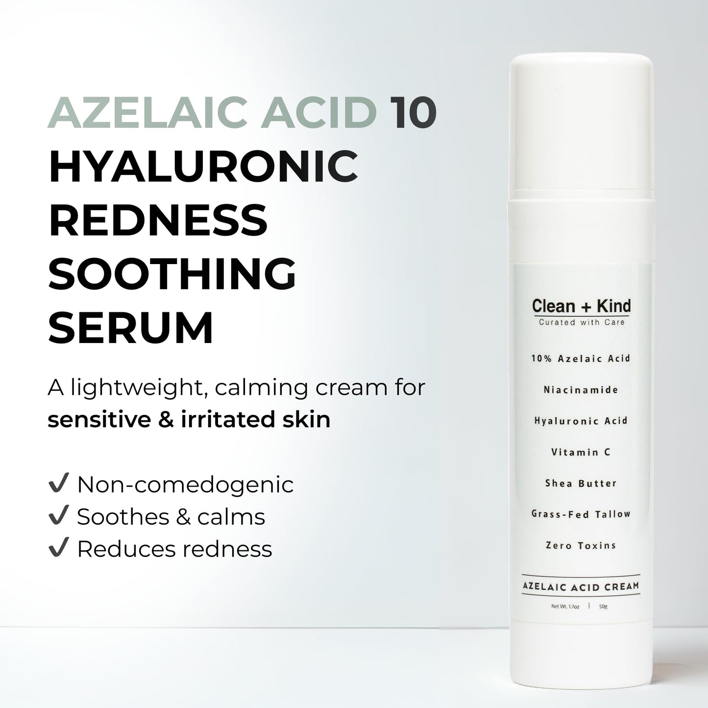 Clean + Kind Azelaic Acid 10% Face Cream with Niacinamide, Vitamin C & Hyaluronic Acid – Soothing Korean Skincare for Uneven, Blemish-Prone Skin with Shea Butter & Grass-Fed Tallow