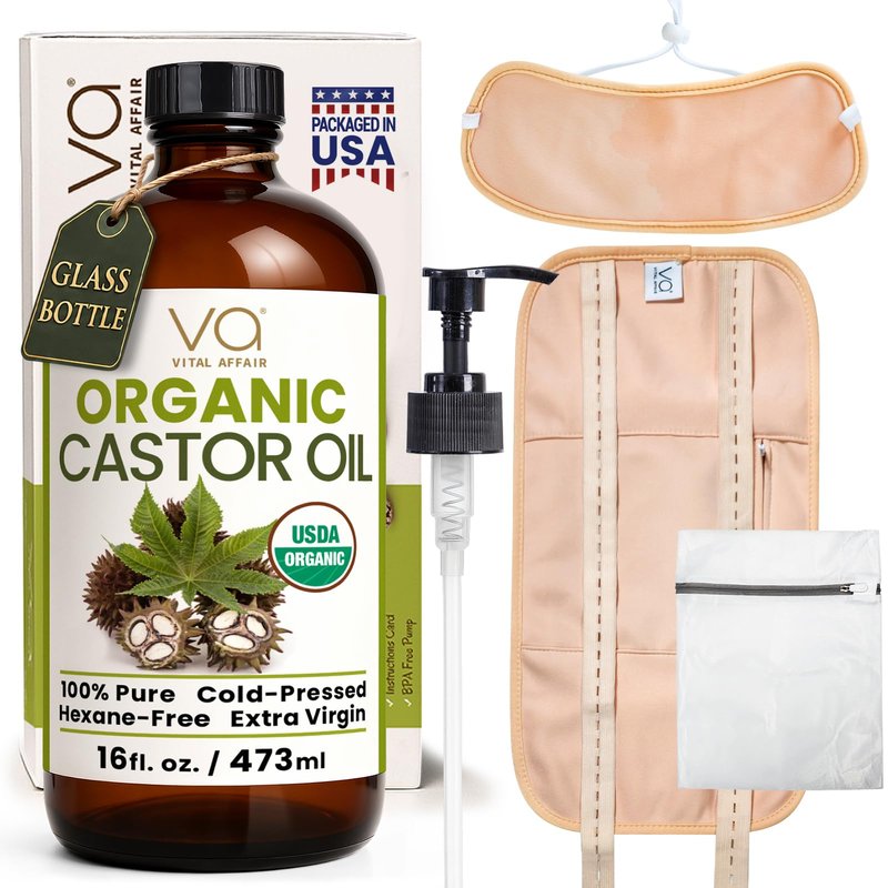 Castor Oil Pack Wrap Kit – USDA Organic, 16 oz Cold-Pressed Hexane-Free Castor Oil in Glass Bottle | Adjustable Cotton Flannel Waist & Neck Wraps | Made in USA | Liver, Abdominal & Detox Therapy
