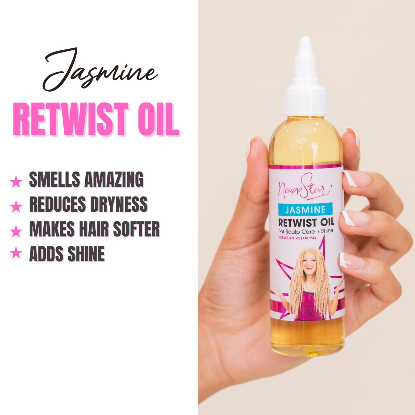 NappStar Retwist Oil, Jasmine Scented Smell Good Loc Oil, Aromatic Hair Care for Dreadlocks with Moisturizing Base, 4 Fl Oz