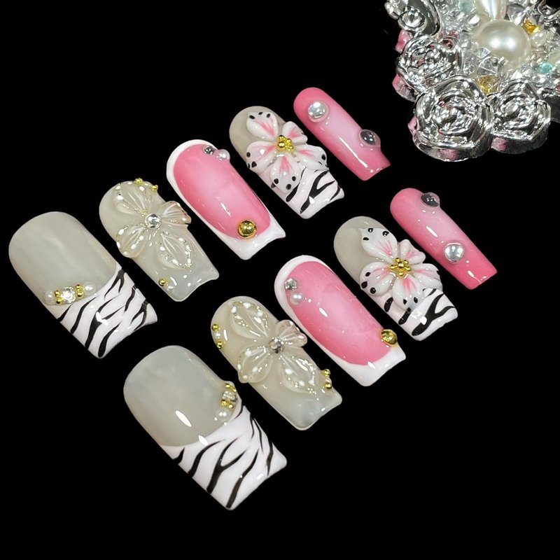 Bold Pink Zebra Stripes Press-On Nails - 3D Floral & Glitter Design | Reusable Acrylic for Parties & Daily Use (Short-Medium)