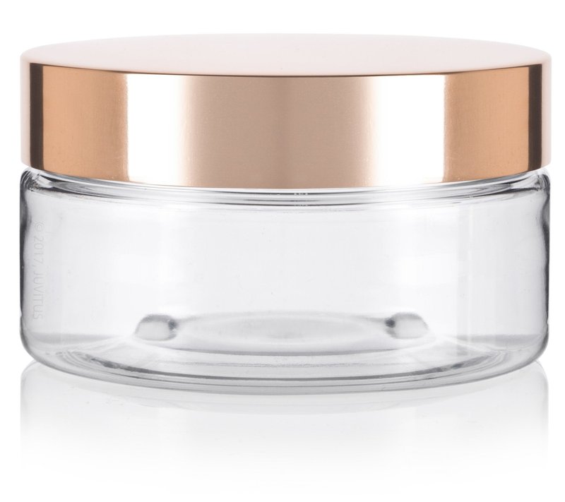 (6 Pack) 8 oz Clear Plastic Low Profile Wide Mouth Jar with Gold Metal Overshell Lid Refillable Empty Storage Containers