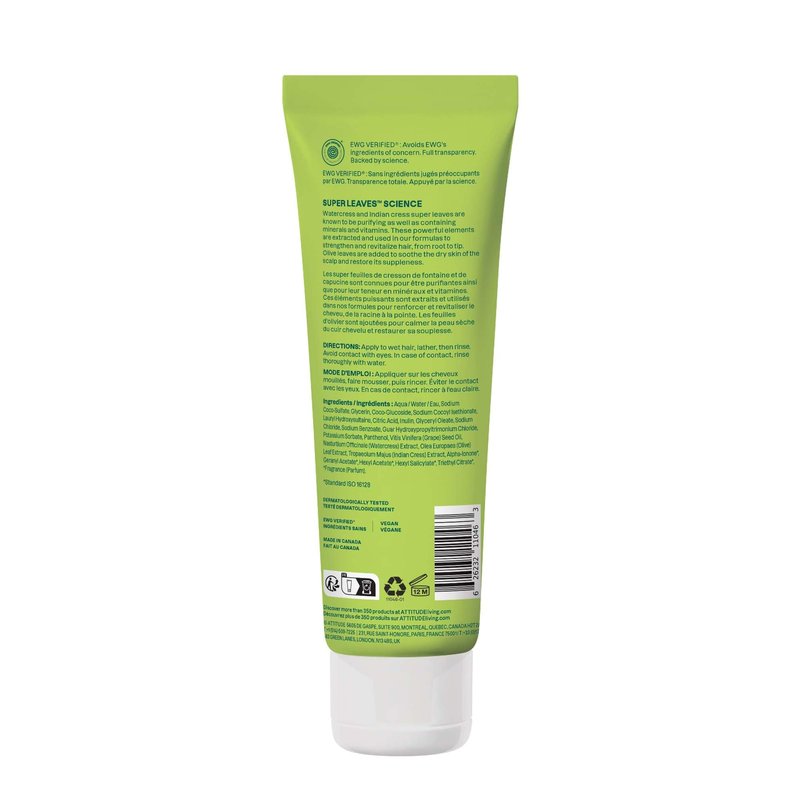 ATTITUDE Nourishing Hair Shampoo, EWG Verified, For Dry and Damaged Hair, Naturally Derived Ingredients, Vegan, Plant Based, Grapeseed Oil and Olive Leaves, 8 Fl Oz