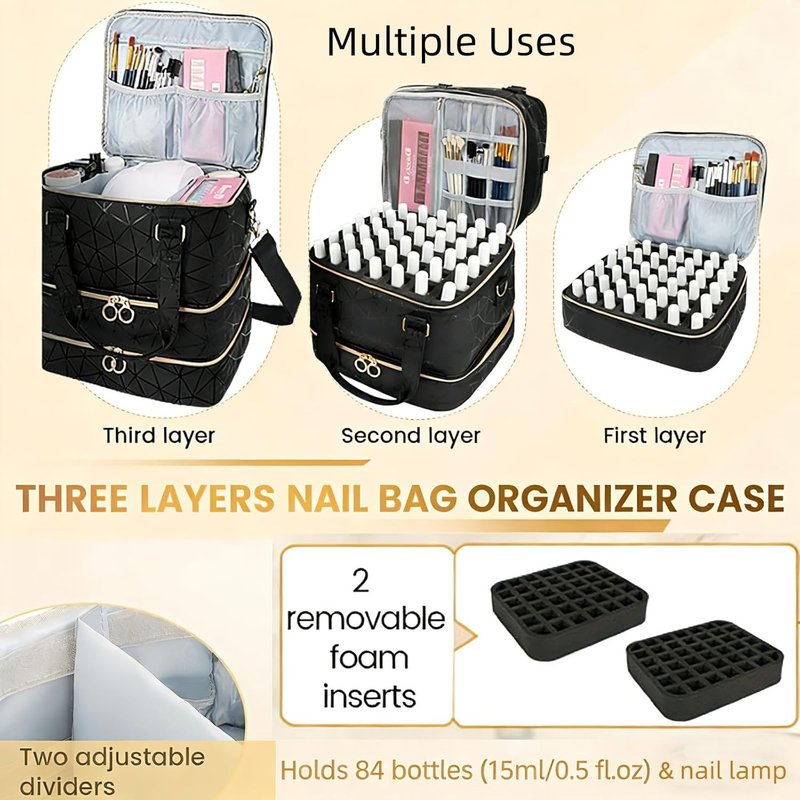 Nail Polish Organizer Bag - 84 Bottle Capacity | 3-Layer PU Leather Storage Case with Shoulder Strap for Nail Techs