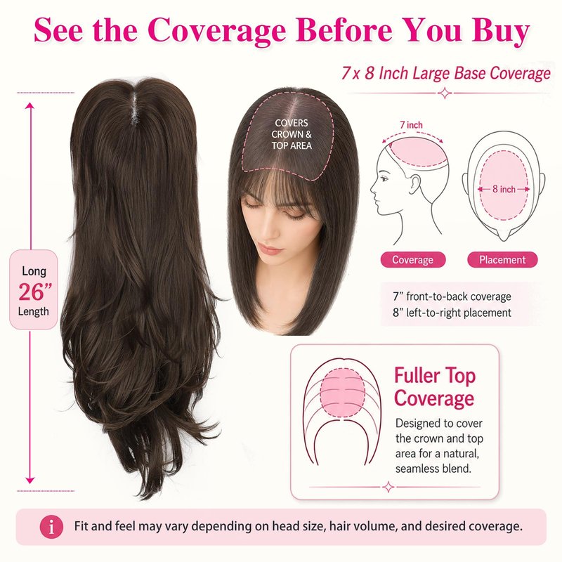 ALXNAN Hair Toppers For Women with Thinning 3D 360°Cover,26Inch Mocha Brown Long Straight Layered Clip In Synthetic hair topper with Bangs