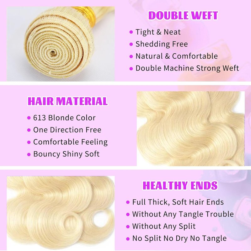 Blonde Body Wave Hair Bundles - 16 Inch 100% Unprocessed Brazilian Virgin Hair | 12A Grade Extensions