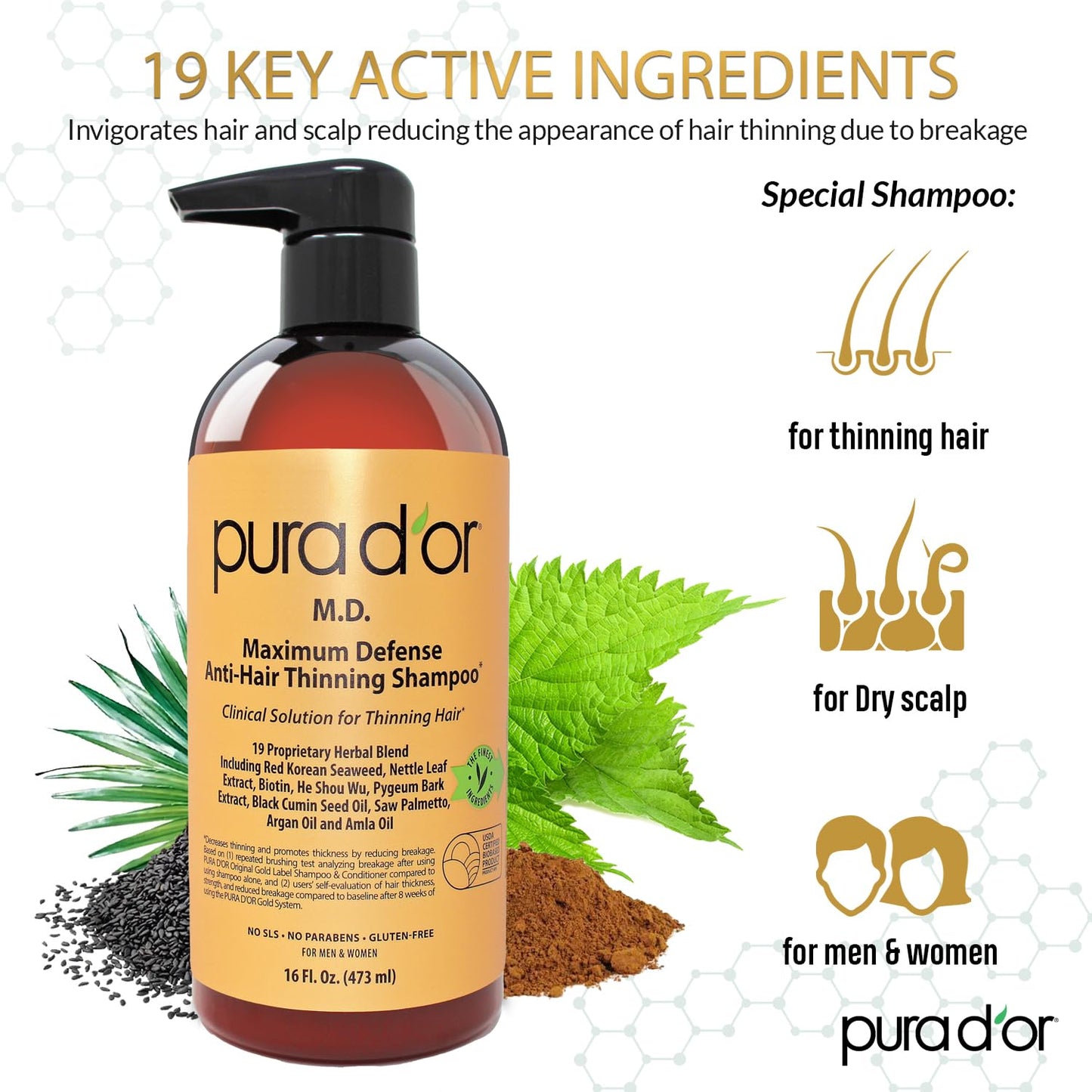 PURA D'OR MD Anti-Hair Thinning Maximum Defense Shampoo - 0.5% Coal Tar, Biotin, Proprietary Herbal Blend For Dry & Itchy Scalp, No Sulfates - For Men & Women, Strong Coal Tar Scent 16 Oz