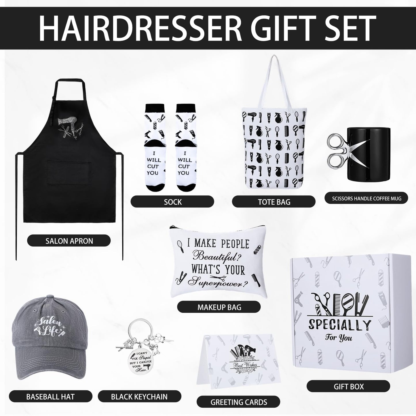 Blosssound 9 Pcs Hairdresser Gifts Set Hair Stylist Gifts with Socks Keychain Scissors Coffee Mug and Apron Makeup Bag Cards Inspirational Graduation Gift Salon Present for Hairdresser