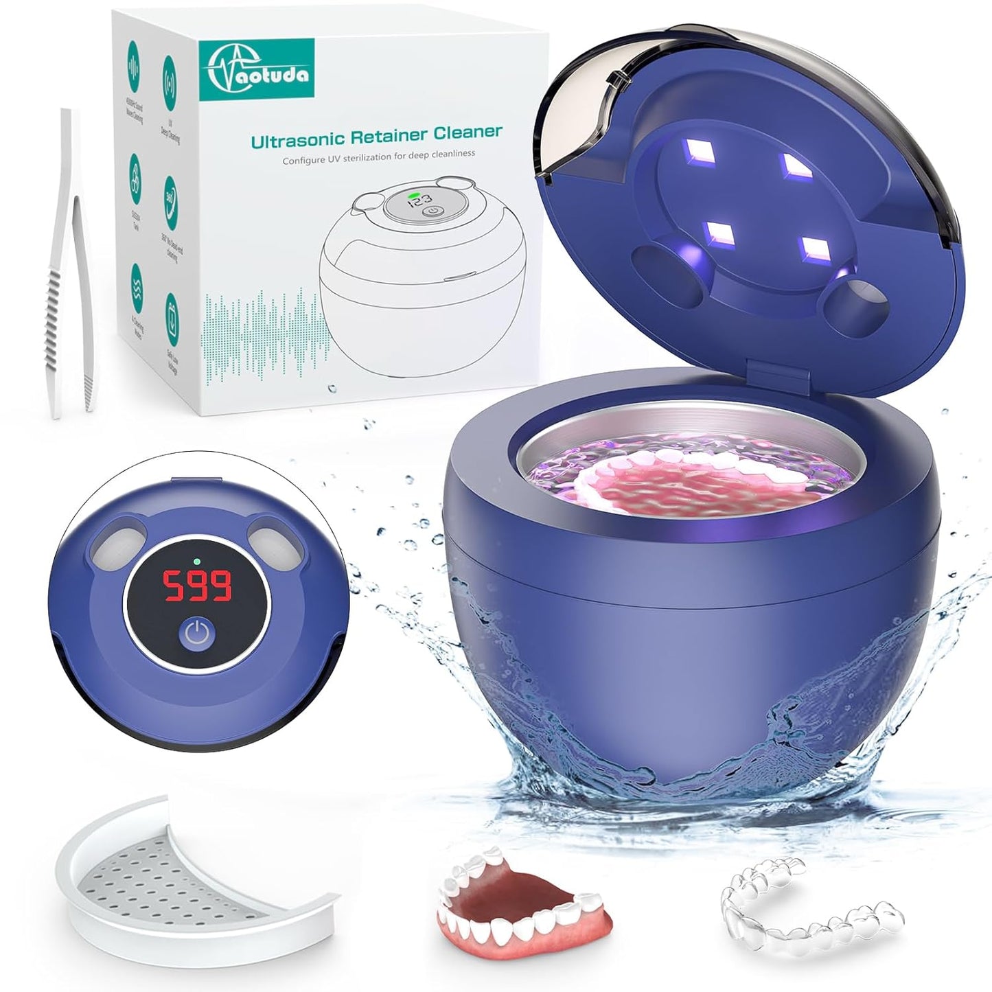 Ultrasonic Retainer Cleaner Machine - 45kHz 200ML with Digital Timer | Navy Blue, 4 Cleaning Modes for Aligners, Braces & Jewelry
