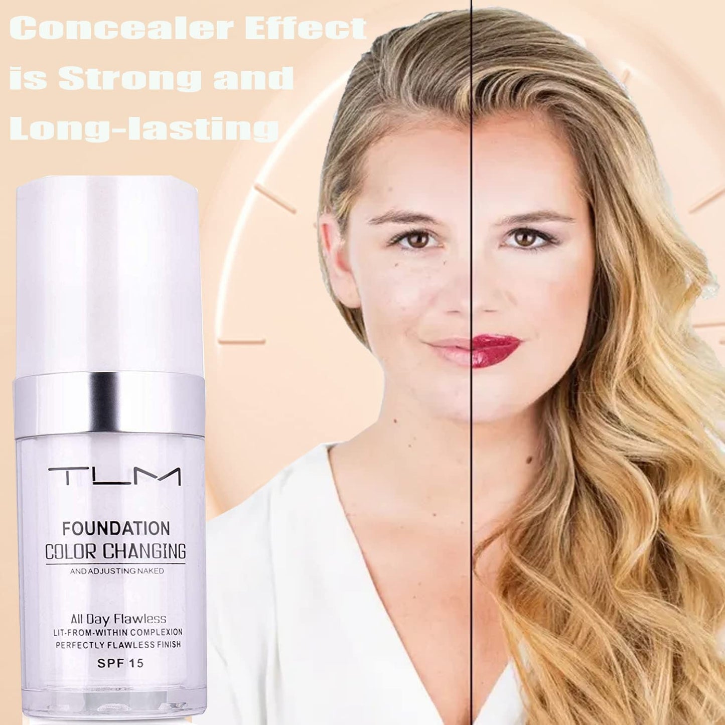 2Pcs 30ml TLM Colour Changing Foundation Makeup Concealer Cover Cream Full Coverage Flawless Liquid Base Nude Face Liquid Cover Concealer Change Skin Tone All-Day Moisturizing Foundation for Women&Girls