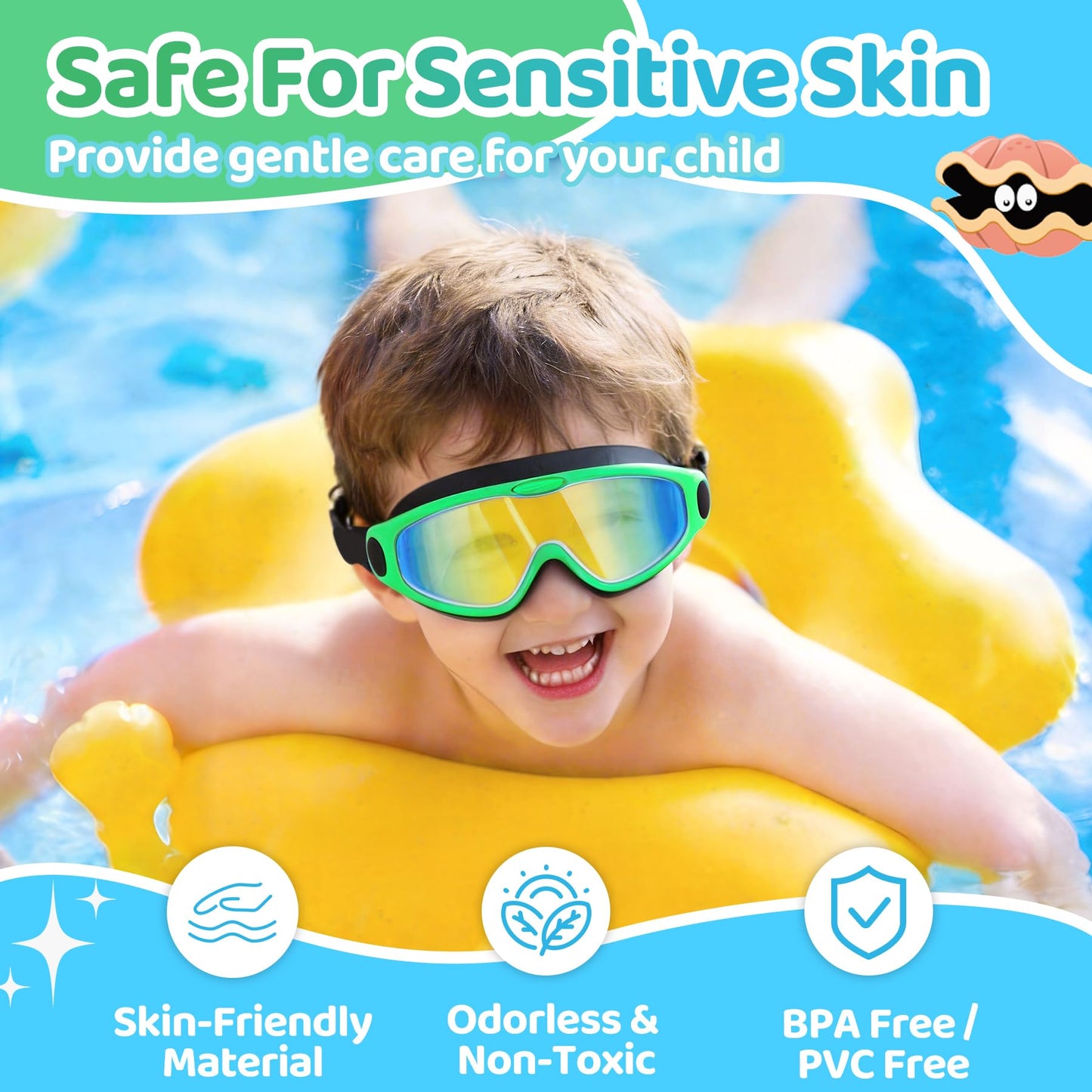 Vvinca Kids Swim Goggles for Boys Girls Age 3-15, Soft Wave-Shape Strap (No Hair Pulling), 180° Wide View Anti Fog/UV Waterproof Swimming Goggles, Leak Free Silicone Pool Goggle for Toddler Youth