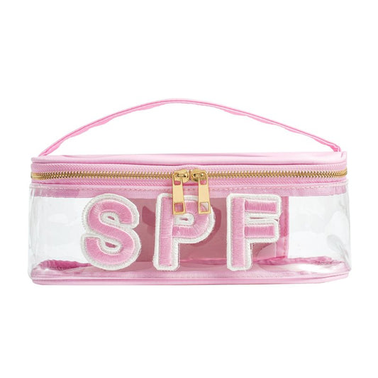RSRSLEII Clear Waterproof Summer SPF Makeup Bag，Aesthetic Transparent Letter Patch Cosmetic Bag with Metal Zipper, Preppy Sunscreen Accessories Storage Organization, Beach Travel Purse(01SPF Pink)