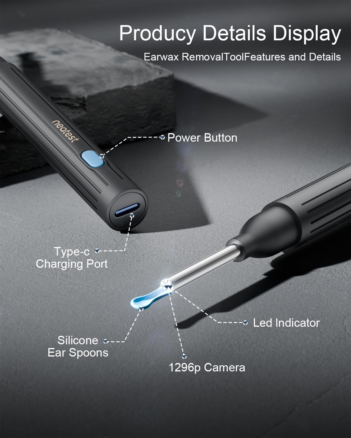 NEATEST Ear Wax Removal - Earwax Remover Tool with 8 Pcs Ear Set, 1296P HD Wireless Otoscope with 6 LED, Ear Cleaning Kit for iOS Android (Black)