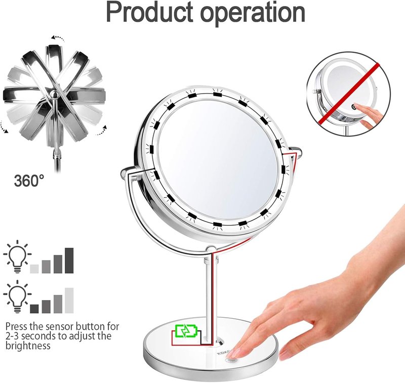 Lighted Makeup Mirror - 1X & 7X Magnification, Double-Sided, Cordless & Rechargeable | Round Shape with Touch Button