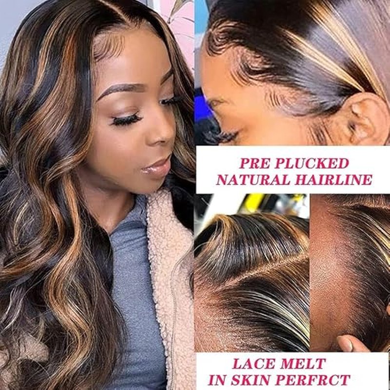 12A Highlight Ombre Body Wave Balayage 13x4 HD Lace Front Wig Human Hair 200% Density F1B/30 Lace Front Wig Human Hair for Black Women Pre Plucked (Highlight Brown, 26 Inch)