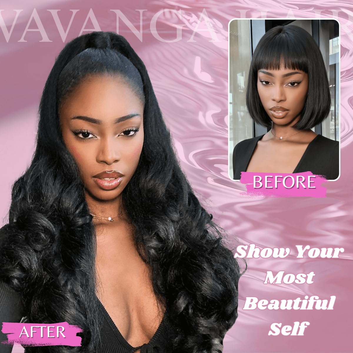 VAVANGA 6PCS Half Up Half Down Ponytail Set, 3 in 1 Kinky Straight Clip in Wrap Ponytail Hairpiece Black 16inch Long Thick Yaki Pony Tail with Clip in Hair Pieces for Women - #1B, 16"