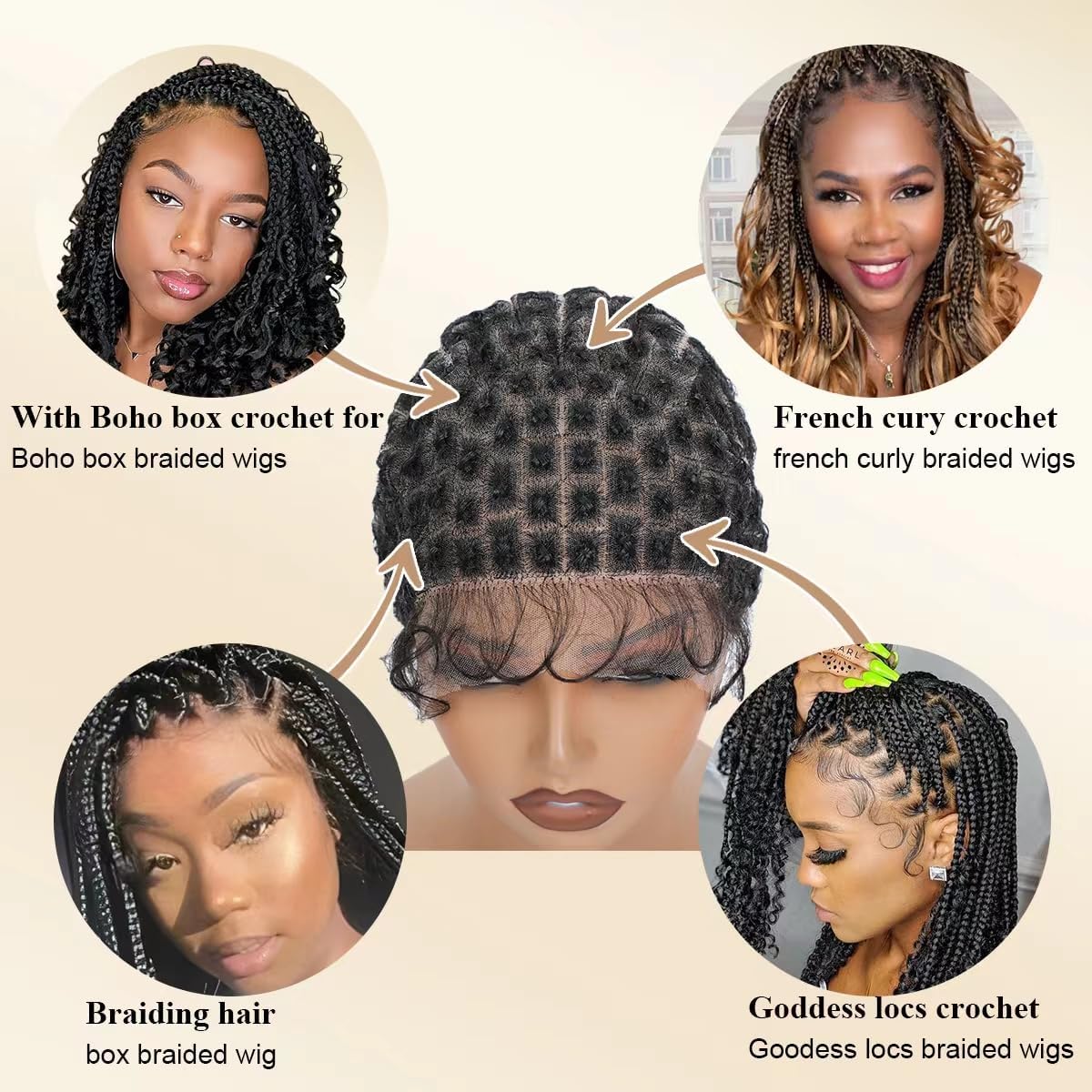 UCABEWEL Double Full Lace Crochet Wig Caps With Natural Knots And Baby Hair Quick For Wig Making, Breathable HD Lace Braided Cap For Crochet Braids, Glueless Hair Net With Bangs (100sections)