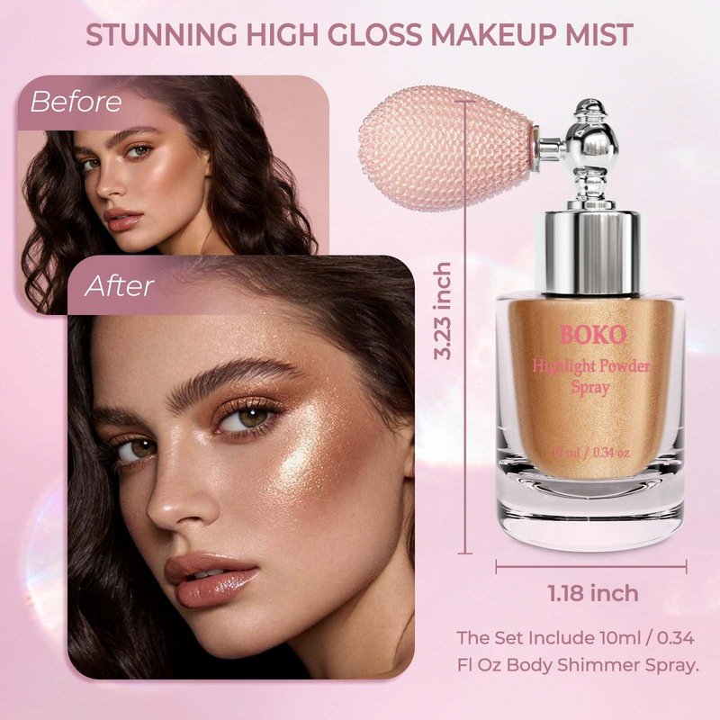 Boko Highlighter Powder Spray, Body Shimmer Spray for Glitter Highlighter Makeup, Glitter High Gloss Powders Body Shimmer Powder for Festival Concert Rave Party Daily Face Sparkle Makeup - Late Autumn