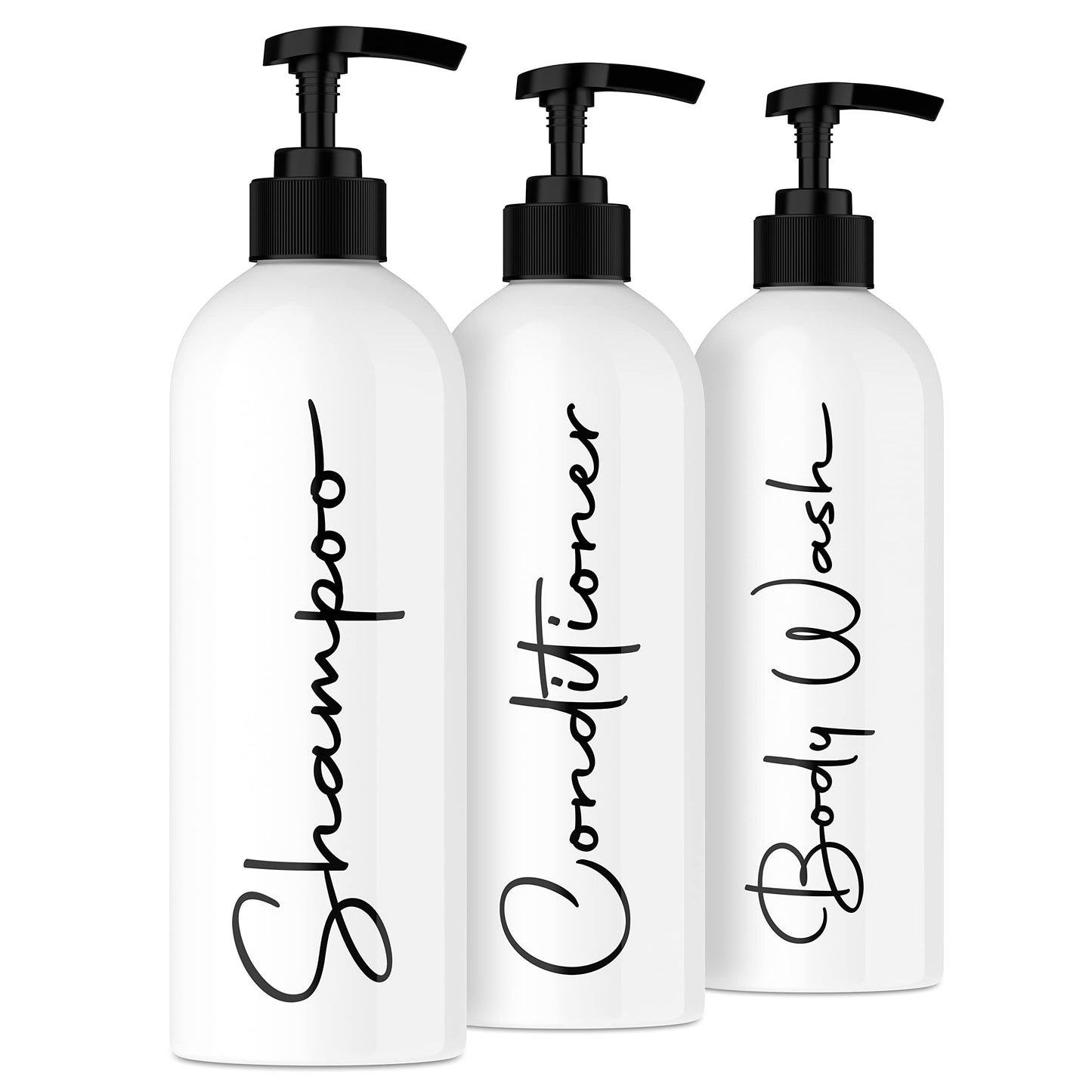 Alora 32oz Reusable Shampoo and Conditioner Bottles - Set of 3 - Easy to Read Labels - Pump Bottle Dispenser for Shampoo, Conditioner, Body Wash - Empty Plastic Refillable Containers for Shower