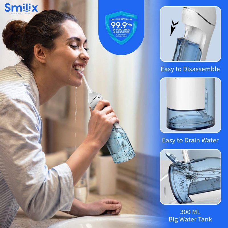 Cordless Water Flosser for Teeth Cleaning & Braces, Portable Dental Flosser 300ML, USB-C Fast Charge, IPX7 Waterproof, 4 Cleaning Modes, 5 Tips, Travel Case – Smilix