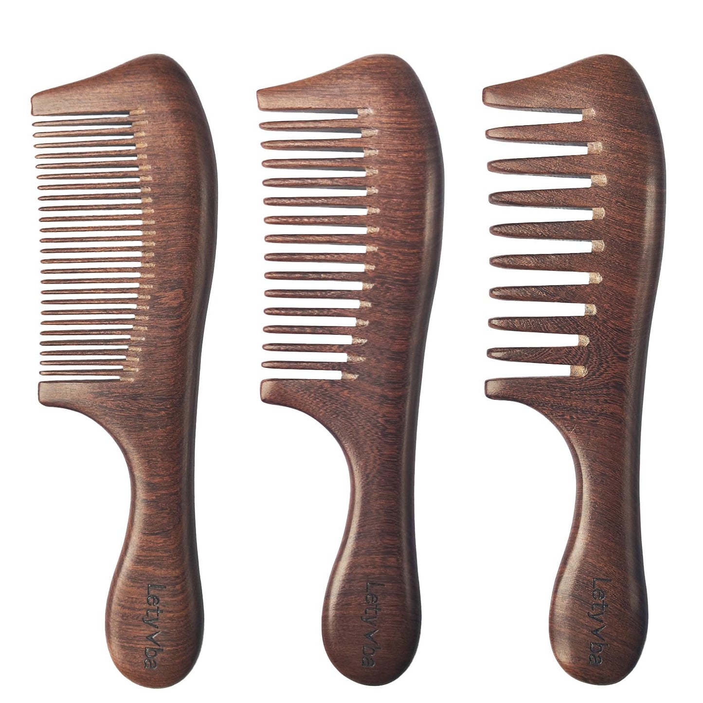 Letyvba Wooden Comb Set – Fine, Medium & Wide Tooth Anti-static Wooden Hair Combs for Curly, Wet, Long Hair
