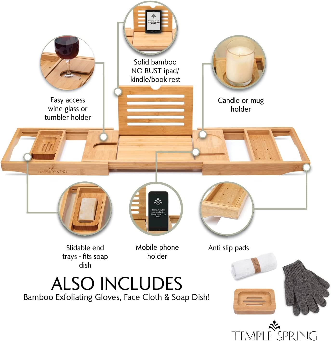 Bamboo Bathtub Tray Caddy - Expandable Wood Bath Tray with Book Stand & Wine Holder | Luxury Spa Gift Set