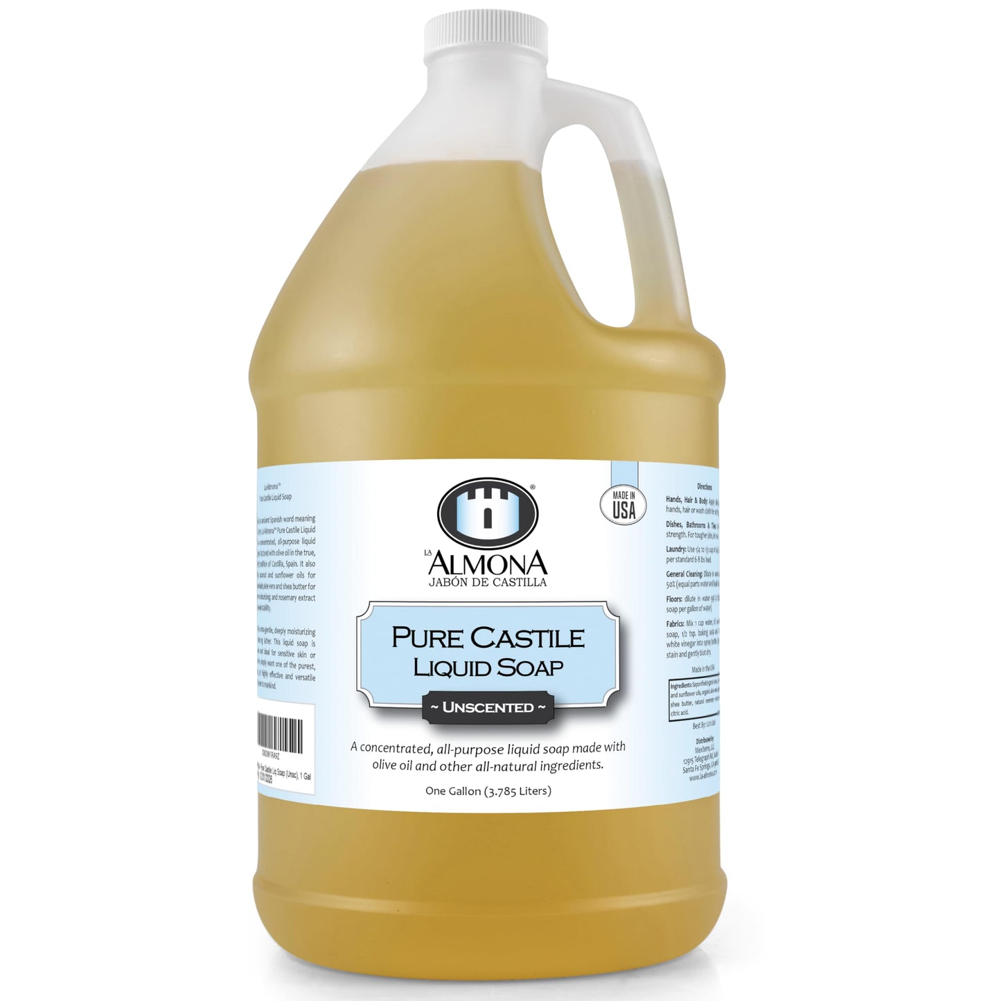 La Almona - Pure Castile Liquid Soap, UNSCENTED, 1 Gallon - Multipurpose: Hands, Face, Body, Laundry, Dishes & More - For Sensitive Skin, All-Natural Ingredients, Fragrance Free